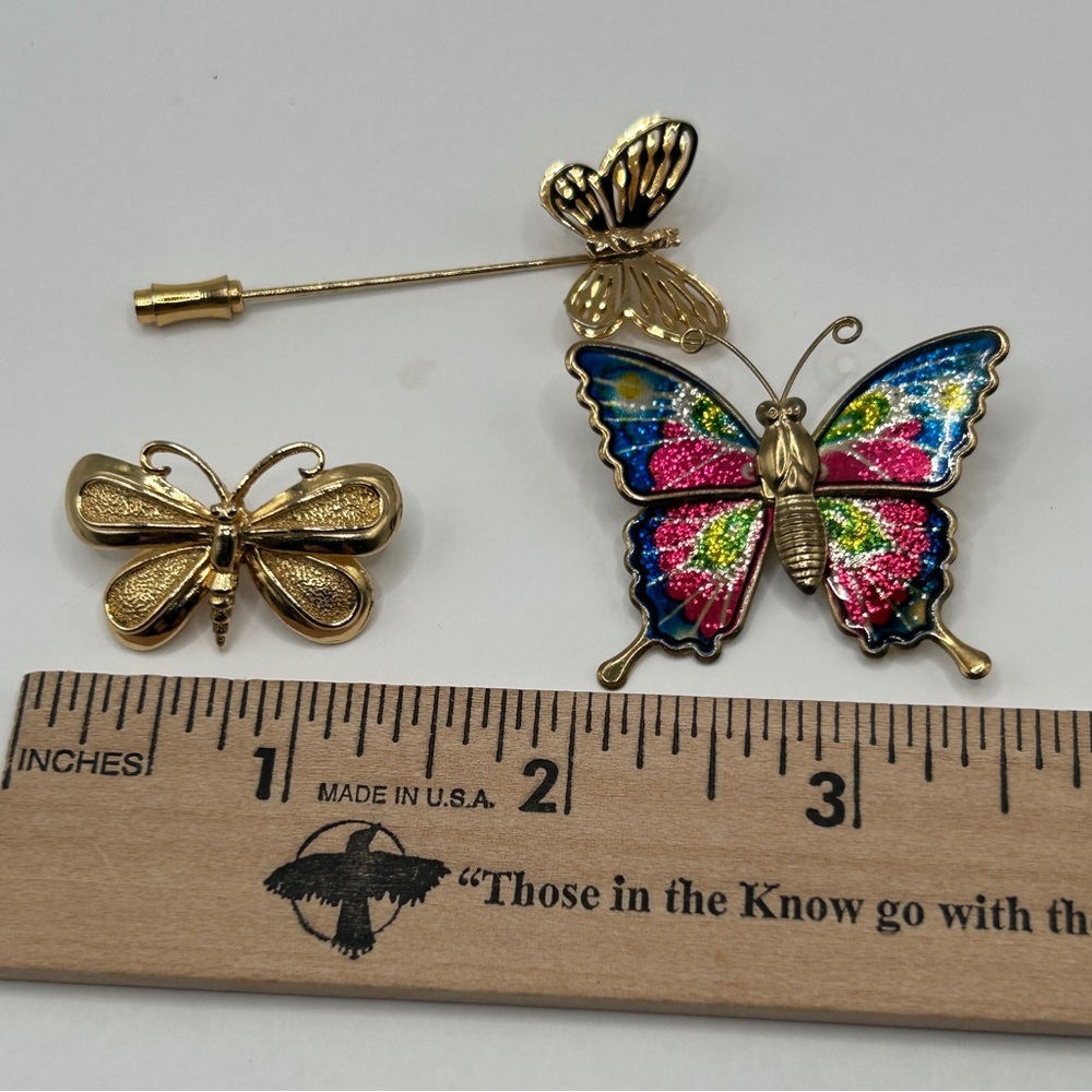 3 Lot Vintage Butterfly Brooch Set Gold Blue Pink Green Yellow​ - Picture 6 of 13